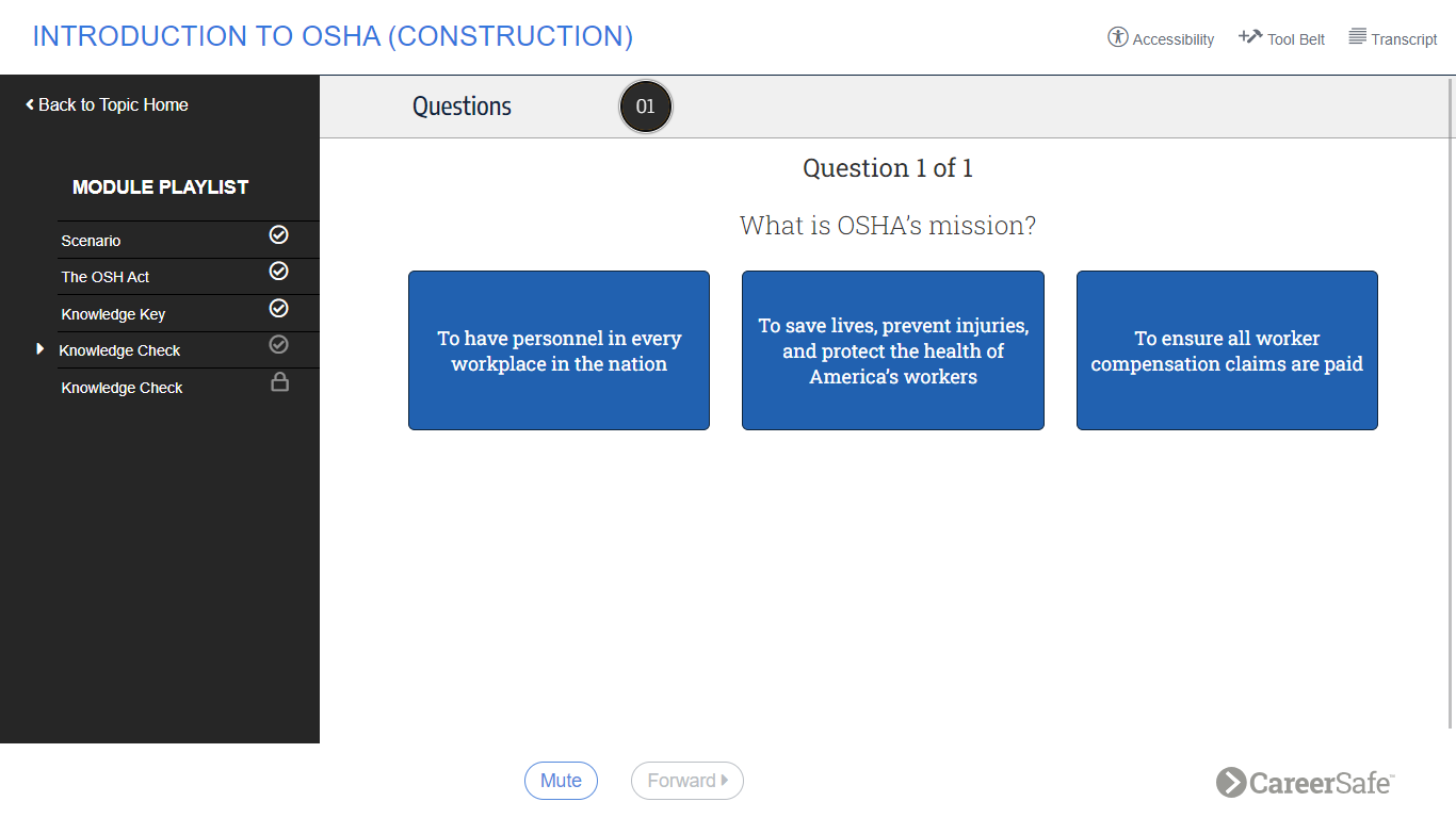 Screenshot of a knowledge check in a CareerSafe course
