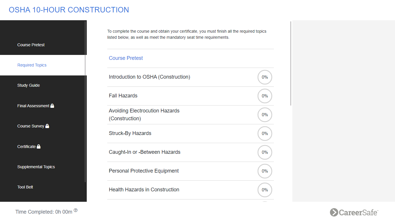 Screenshot of CareerSafe OSHA 10-Hour Construction course