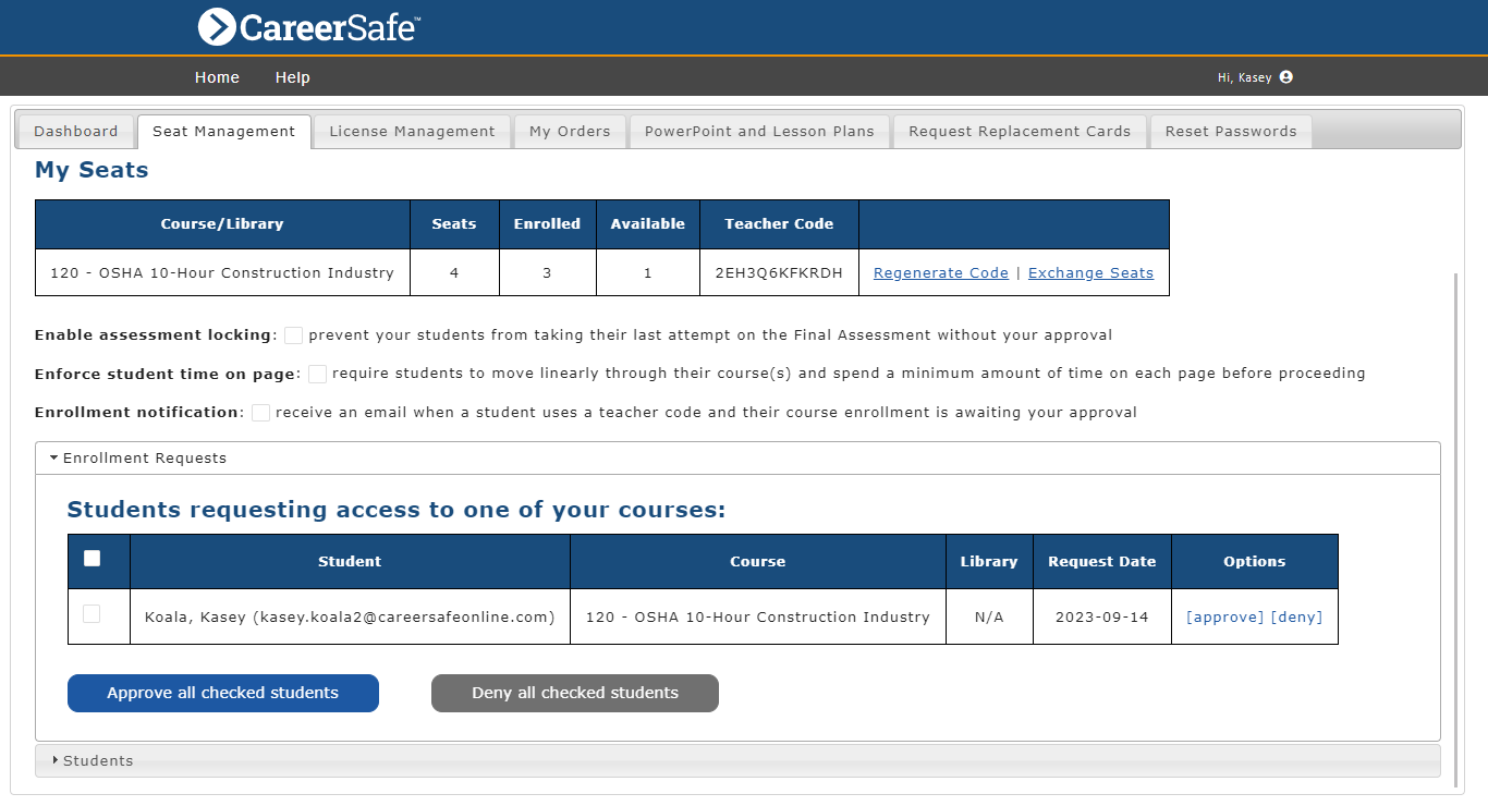 Enrollment Requests Under Seat Management (screenshot)