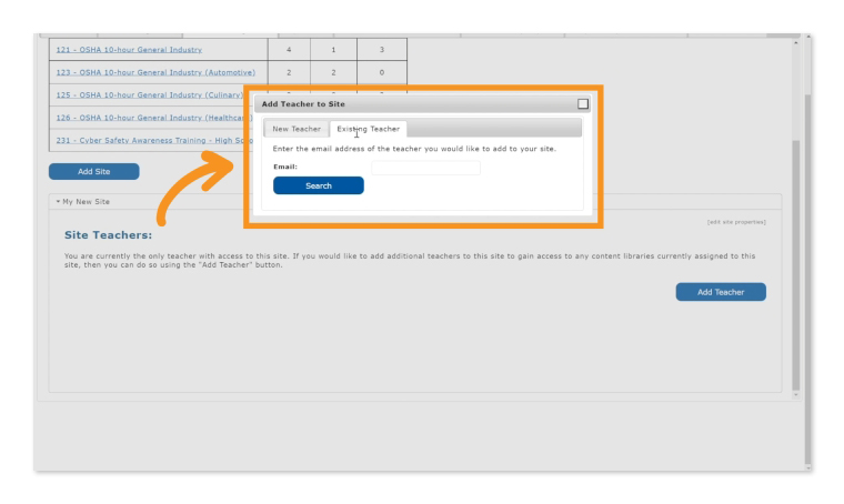 Existing Teacher” tab