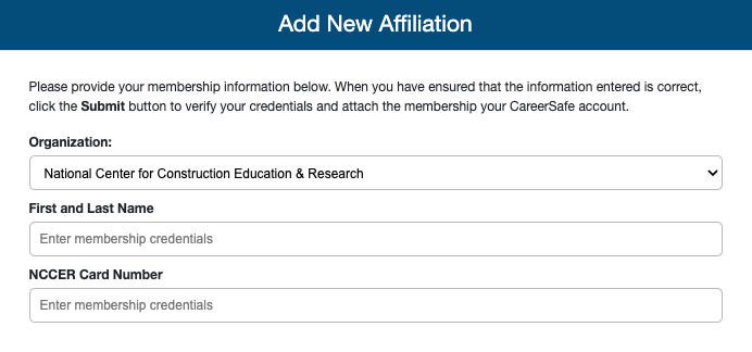 Screenshot of Add New Affiliation section in CareerSafe Campus