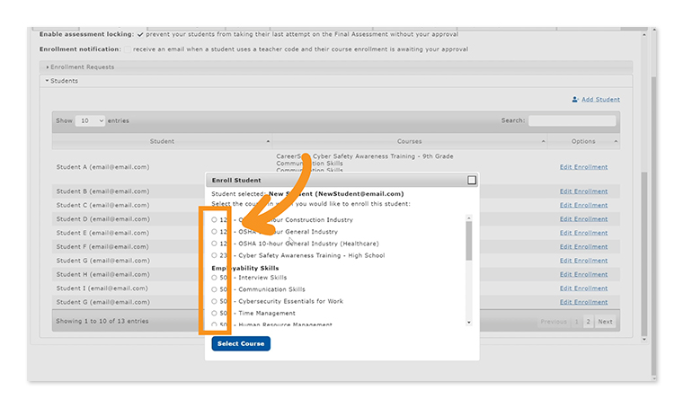radio button list of courses