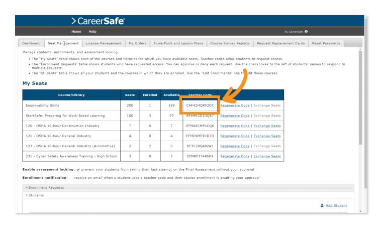 Seat Management Teacher Code